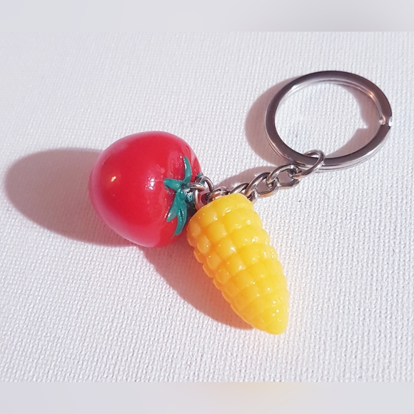 Summer Sunday Tomato and Corn Keychain Purse Ring Handmade Unisex NEW - Picture 1 of 9